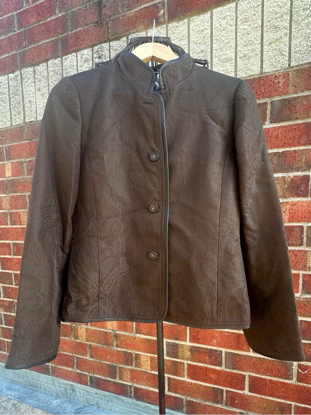 Linda Allard Ellen Tracy Jacket 100% Silk Leather Trim Textured Print Western